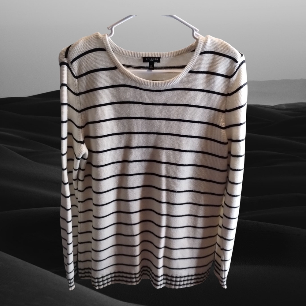 Talbots Black and White Striped Crew Neck Sweater